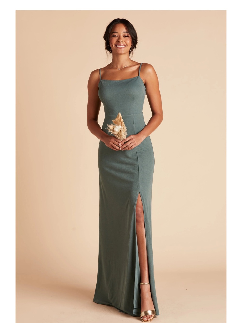 Spaghetti Strap Sage Green Maxi Dress with Thigh Slit